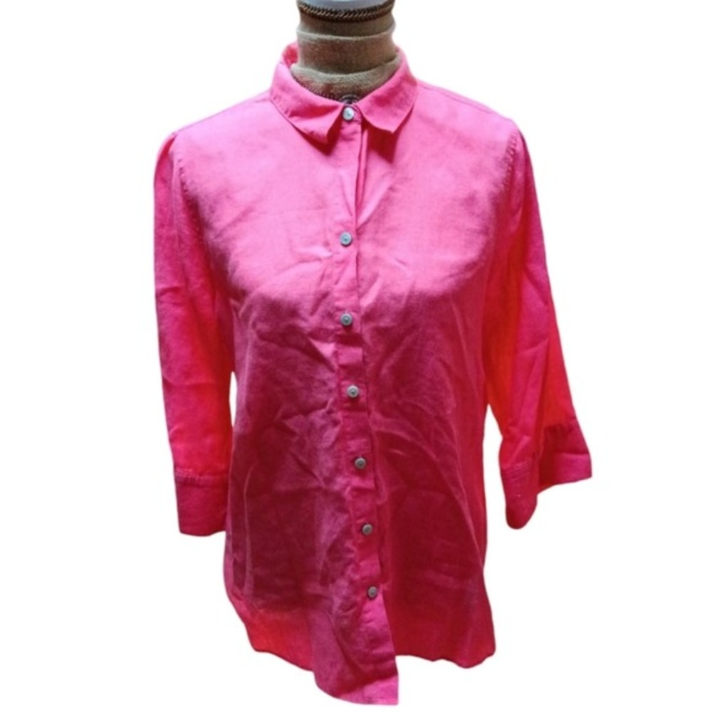 Chicos No Iron Pink Linen Button Down Shirt 3/4 Sleeve Size 2 US 12 Hot Pink - Picture 2 of 5